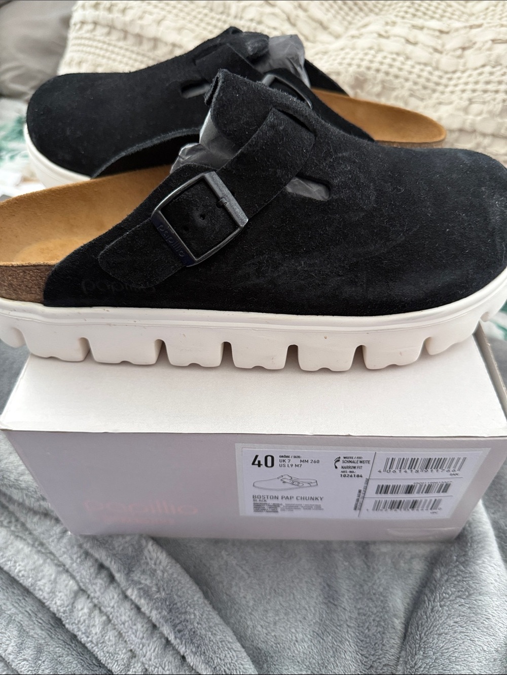 Birkenstock Black Suede Boston Platform Clog with White Chunky Sole